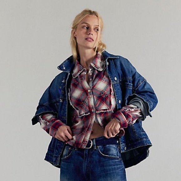 NWT Free People Plaid Ruffle Button Down Shirt Red Western Flannel Top Medium - Picture 5 of 9